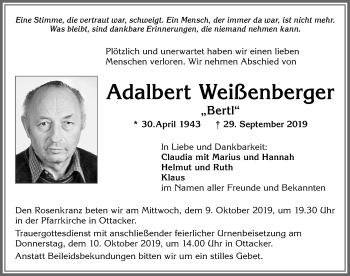Traueranzeige von Adalbert Weißenberger von Allgäuer Zeitung,Kempten
