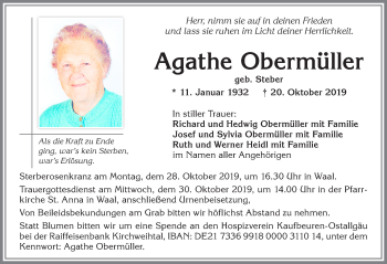 Traueranzeige von Agathe Obermüller von Allgäuer Zeitung, Kaufbeuren/Buchloe
