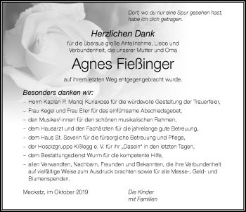 Traueranzeige von Agnes Fießinger von Der Westallgäuer
