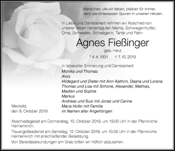 Traueranzeige von Agnes Fießinger von Der Westallgäuer