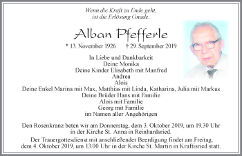 Traueranzeige von Alban Pfefferle von Allgäuer Zeitung, Marktoberdorf