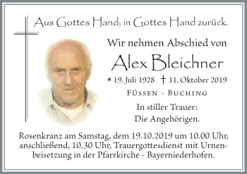 Traueranzeige von Alex Bleichner von Allgäuer Zeitung, Füssen