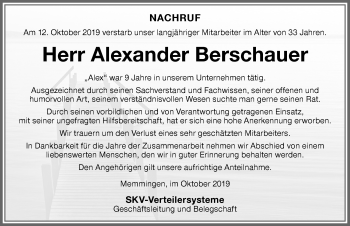 Traueranzeige von Alexander Berschauer von Memminger Zeitung
