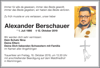 Traueranzeige von Alexander Berschauer von Memminger Zeitung
