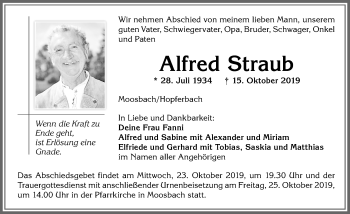 Traueranzeige von Alfred Straub von Allgäuer Zeitung,Kempten