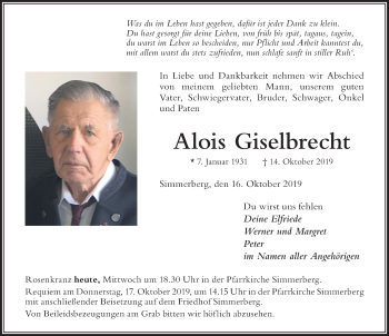 Traueranzeige von Alois Giselbrecht von Der Westallgäuer