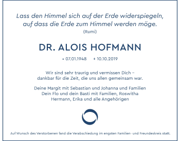 Traueranzeige von Alois Hofmann von Allgäuer Zeitung, Kaufbeuren/Buchloe