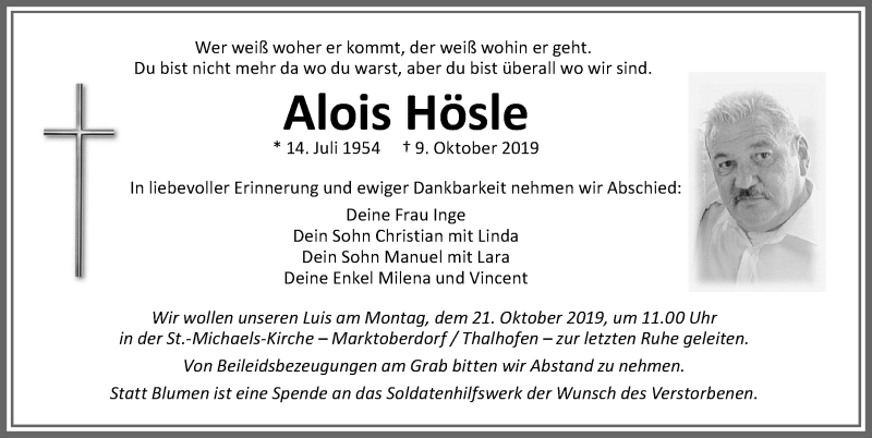  Traueranzeige für Alois Hösle vom 16.10.2019 aus Allgäuer Zeitung, Marktoberdorf