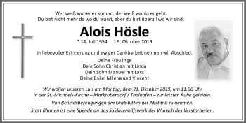 Traueranzeige von Alois Hösle von Allgäuer Zeitung, Marktoberdorf