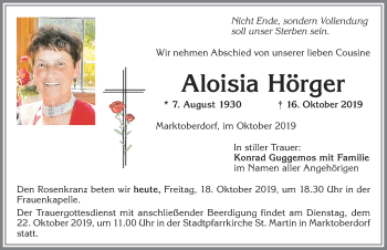 Traueranzeige von Aloisia Hörger von Allgäuer Zeitung, Marktoberdorf