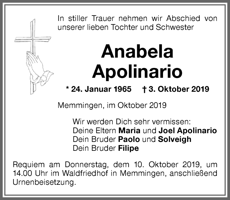  Traueranzeige für Anabela Apolinario vom 09.10.2019 aus Memminger Zeitung