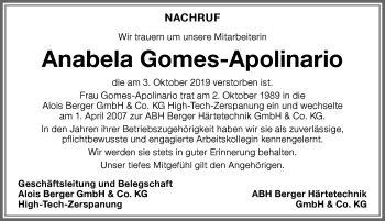 Traueranzeige von Anabela Gomes-Apolinario von Memminger Zeitung