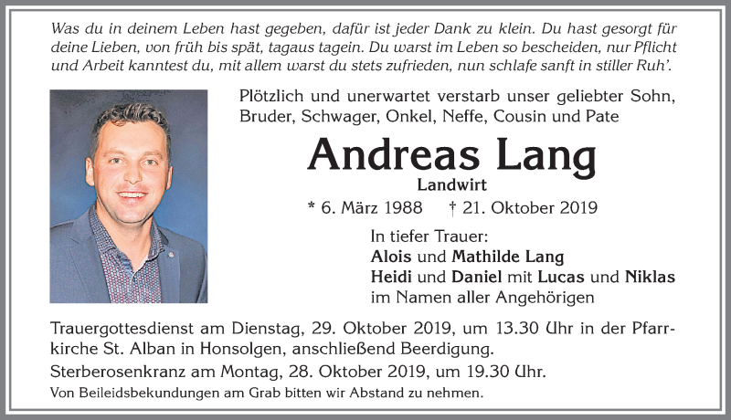  Traueranzeige für Andreas Lang vom 26.10.2019 aus Allgäuer Zeitung, Kaufbeuren/Buchloe