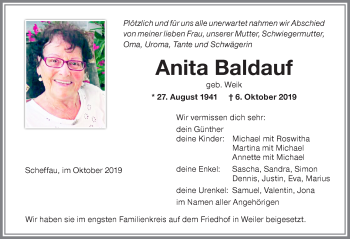 Traueranzeige von Anita Baldauf von Der Westallgäuer