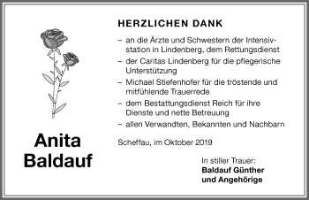 Traueranzeige von Anita Baldauf von Der Westallgäuer