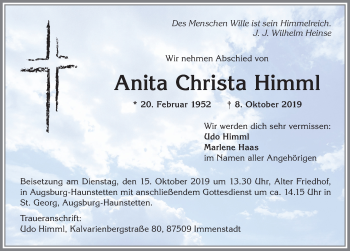 Traueranzeige von Anita Christa Himml von Allgäuer Anzeigeblatt