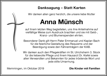 Traueranzeige von Anna Münsch von Memminger Zeitung