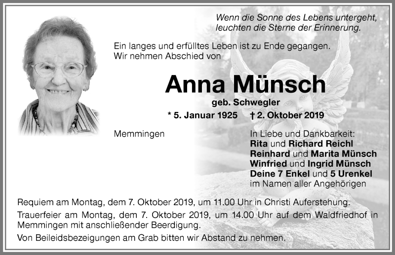  Traueranzeige für Anna Münsch vom 05.10.2019 aus Memminger Zeitung