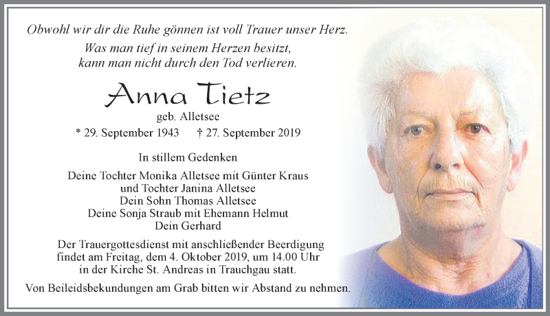  Traueranzeige für Anna Tietz vom 02.10.2019 aus Allgäuer Zeitung, Füssen