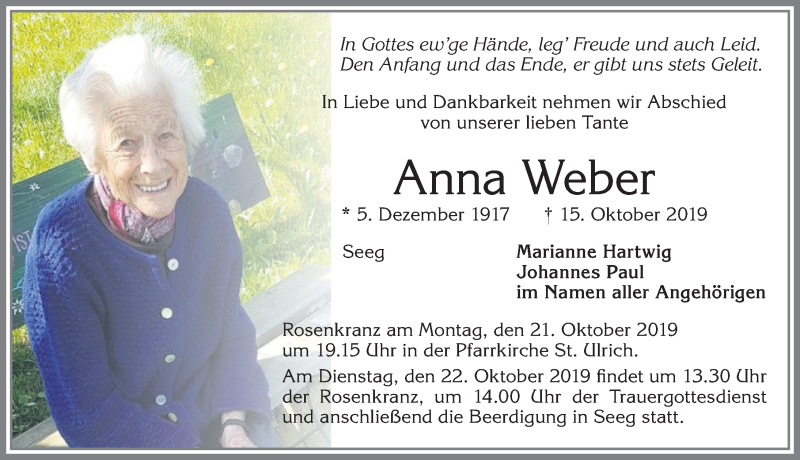  Traueranzeige für Anna Weber vom 19.10.2019 aus Allgäuer Zeitung, Füssen