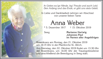 Traueranzeige von Anna Weber von Allgäuer Zeitung, Füssen