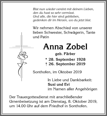 Traueranzeige von Anna Zobel von Allgäuer Anzeigeblatt