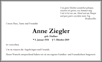Traueranzeige von Anne Ziegler von Allgäuer Zeitung, Marktoberdorf