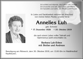 Traueranzeige von Annelies Luh von Allgäuer Zeitung, Kaufbeuren/Buchloe