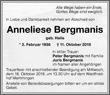 Traueranzeige von Anneliese Bergmanis von Memminger Zeitung