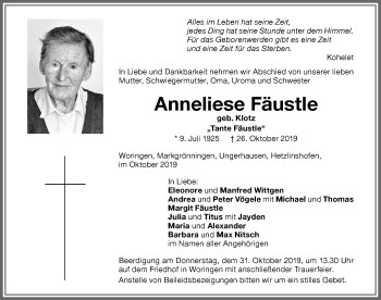 Traueranzeige von Anneliese Fäustle von Memminger Zeitung