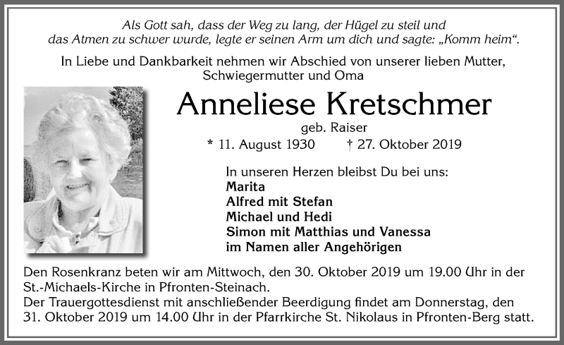  Traueranzeige für Anneliese Kretschmer vom 29.10.2019 aus Allgäuer Zeitung, Füssen