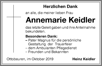 Traueranzeige von Annemarie Keidler von Memminger Zeitung