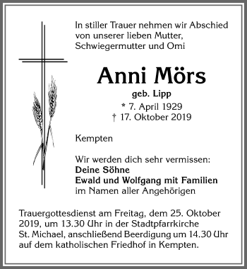 Traueranzeige von Anni Mörs von Allgäuer Zeitung,Kempten