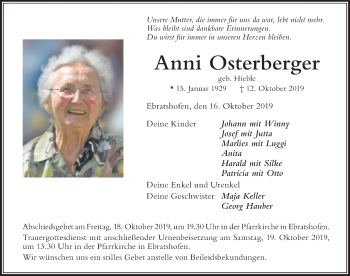 Traueranzeige von Anni Osterberg von Der Westallgäuer