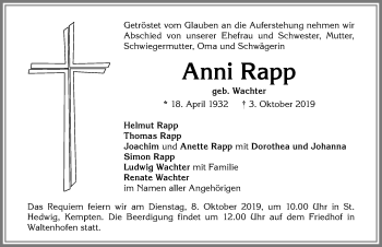 Traueranzeige von Anni Rapp von Allgäuer Zeitung,Kempten
