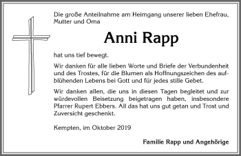 Traueranzeige von Anni Rapp von Allgäuer Zeitung,Kempten