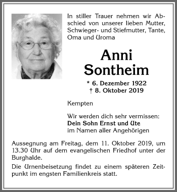 Traueranzeige von Anni Sontheim von Allgäuer Zeitung,Kempten