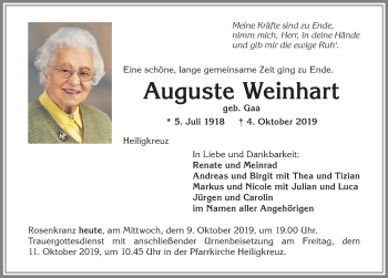 Traueranzeige von Auguste Weinhart von Allgäuer Zeitung,Kempten
