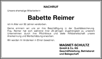 Traueranzeige von Babette Reimer von Memminger Zeitung
