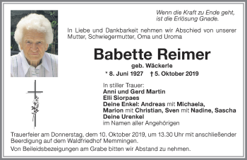 Traueranzeige von Babette Reimer von Memminger Zeitung