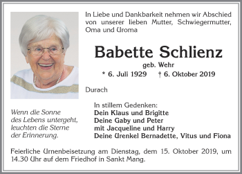Traueranzeige von Babette Schlienz von Allgäuer Zeitung,Kempten