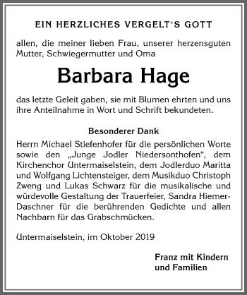 Traueranzeige von Barbara Hage von Allgäuer Anzeigeblatt