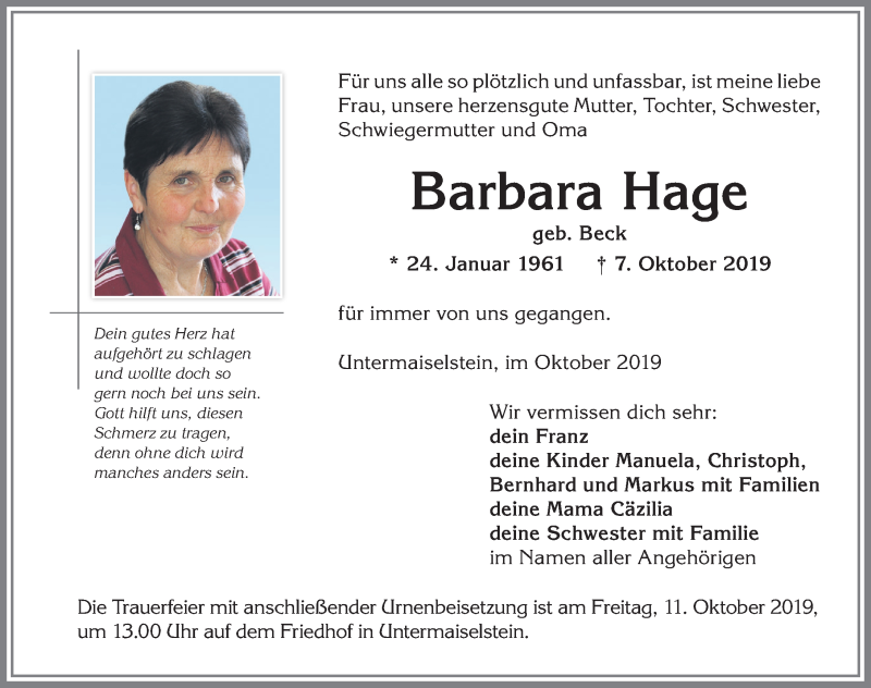  Traueranzeige für Barbara Hage vom 09.10.2019 aus Allgäuer Anzeigeblatt