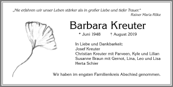 Traueranzeige von Barbara Kreuter von Allgäuer Zeitung, Kaufbeuren/Buchloe