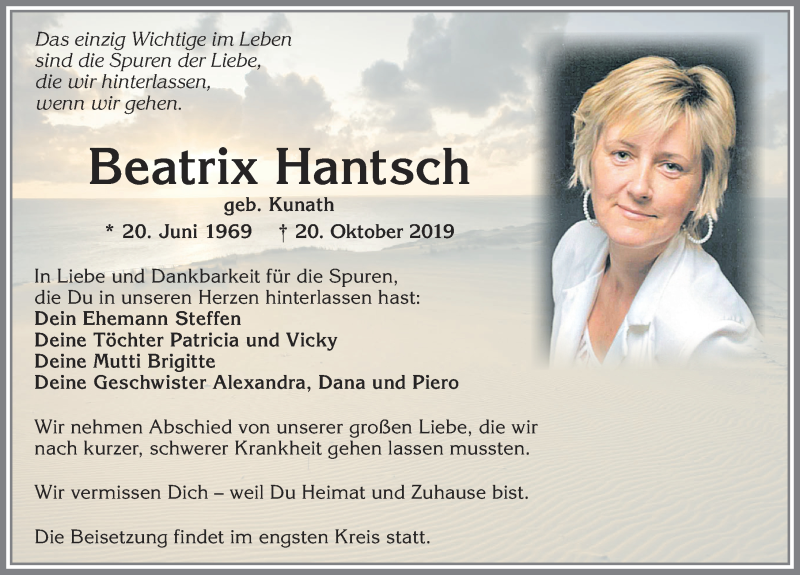  Traueranzeige für Beatrix Hantsch vom 26.10.2019 aus Allgäuer Zeitung, Marktoberdorf