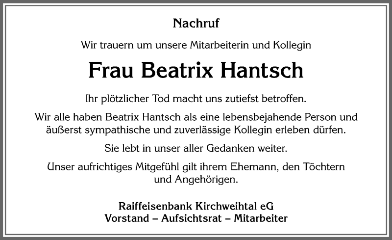 Traueranzeige für Beatrix Hantsch vom 28.10.2019 aus Allgäuer Zeitung