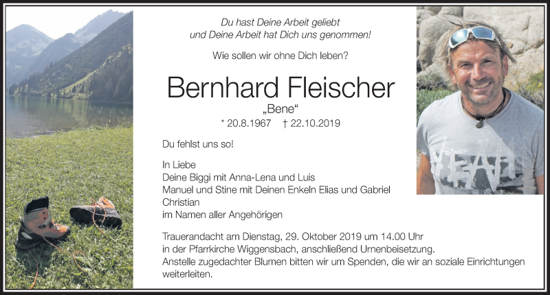  Traueranzeige für Bernhard Fleischer vom 26.10.2019 aus Allgäuer Zeitung,Kempten