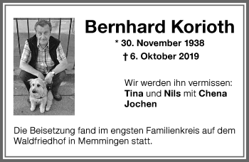 Traueranzeige von Bernhard Korioth von Memminger Zeitung