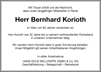Traueranzeige von Bernhard Korioth von Memminger Zeitung