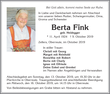 Traueranzeige von Berta Fink von Der Westallgäuer